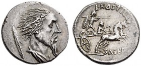 L. Hostilius Saserna, 48 BC. Denarius (Silver, 18mm, 4.16 g 11), Rome. Bearded male head to right, his hair straggling out behind him; cloak around ne...