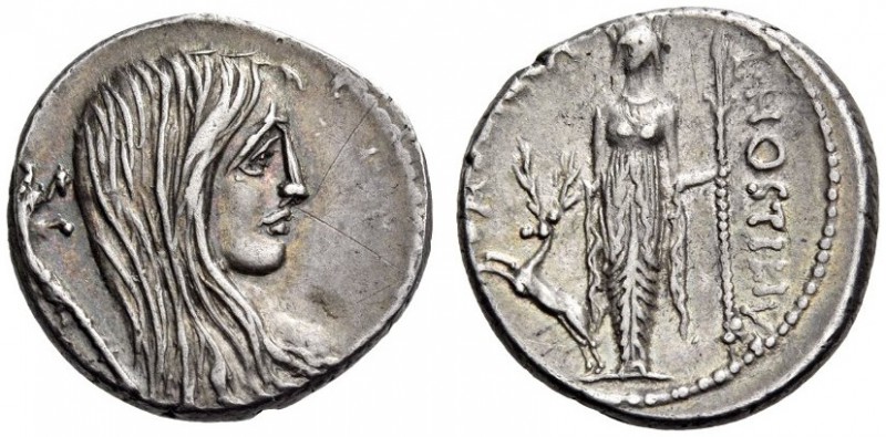 L. Hostilius Saserna, 48 BC. Denarius (Silver, 17mm, 3.93 g 8), Rome. Bare head ...