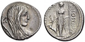 L. Hostilius Saserna, 48 BC. Denarius (Silver, 17mm, 3.93 g 8), Rome. Bare head of a Gallic woman to right, with long dissheveled hair; behind, carnyx...
