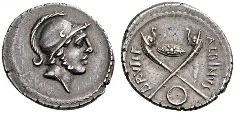 Albinus Bruti f., 48 BC. Denarius (Silver, 18mm, 3.74 g 4), Rome. Helmeted head ...