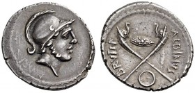 Albinus Bruti f., 48 BC. Denarius (Silver, 18mm, 3.74 g 4), Rome. Helmeted head of youthful Mars to right, with slight beard. Rev. ALBINVS - BRVTI.F T...