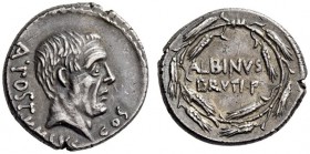 Albinus Bruti f., 48 BC. Denarius (Silver, 17mm, 3.95 g 9), Rome. A POSTVMIVS COS Bare head of the consul Aulus Postumius Albinus to right. Rev. ALBIN...