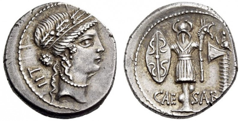 Julius Caesar, late spring-early summer 48. Denarius (Silver, 19mm, 4.47 g 6), m...