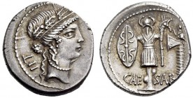 Julius Caesar, late spring-early summer 48. Denarius (Silver, 19mm, 4.47 g 6), mint moving with Caesar. Female head to right (Clementia?), wearing an ...