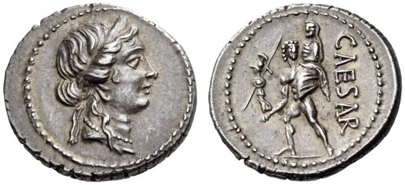 Julius Caesar, late 48-47 BC. Denarius (Silver, 18mm, 3.87 g 6), military mint t...