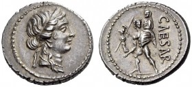 Julius Caesar, late 48-47 BC. Denarius (Silver, 18mm, 3.87 g 6), military mint traveling with Caesar in North Africa. Diademed head of Venus to right,...
