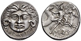 L. Plautius Plancus, 47 BC. Denarius (Silver, 18mm, 3.89 g 11), Rome. L PLAVTIVS Head of Medusa, facing, with coiled snake to either side. Rev. PLANCV...