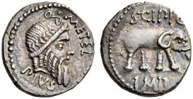 Q. Caecilius Metellus Pius Scipio, 47-46 BC. Denarius (Silver, 17mm, 3.79 g 12), military mint in Africa. Q.METEL / PIVS Laureate head of Jupiter to r...