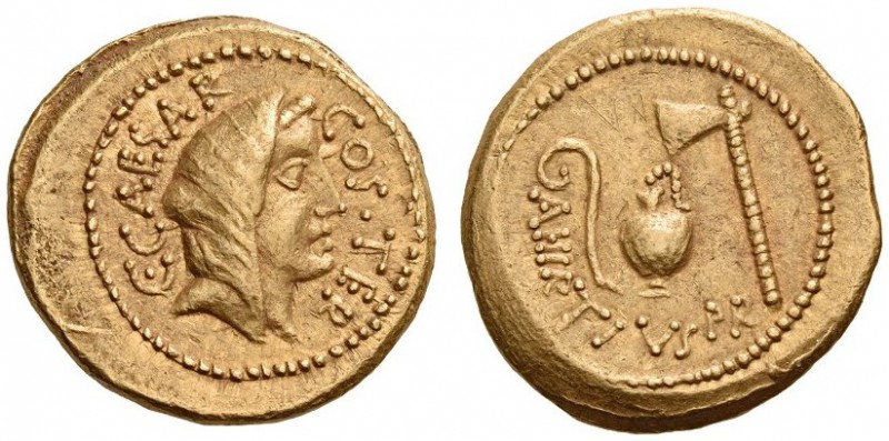 Julius Caesar, 46 BC. Aureus (Gold, 20mm, 7.94 g 8), with Aulus Hirtius, as prae...