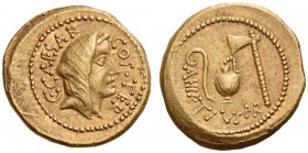 Julius Caesar, 46 BC. Aureus (Gold, 20mm, 7.94 g 8), with Aulus Hirtius, as praefectus urbi, Rome. C.CAESAR COS TER Veiled female head to right (Pieta...