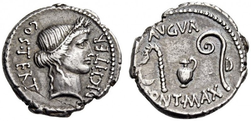Julius Caesar, 46 BC. Denarius (Silver, 18mm, 3.93 g 8), Rome or an African mint...