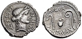 Julius Caesar, 46 BC. Denarius (Silver, 18mm, 3.93 g 8), Rome or an African mint (Utica?). COS TERT DICT ITER Head of Ceres to right, wearing wreath o...