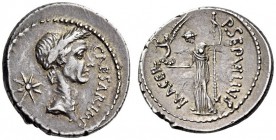 Julius Caesar, second half of February, 44 BC. Denarius (Silver, 18mm, 3.48 g 10), with P. Sepullius Macer, Rome. CAESAR IMP Laureate head of Caesar t...