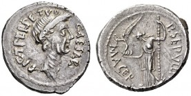 Julius Caesar, first half of March, 44 BC. Denarius (Silver, 17mm, 4.28 g 5), with P. Sepullius Macer, Rome. CAESAR - DICT PERPETVO Head of Caesar wea...