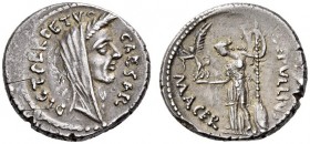 Julius Caesar, first half of March, 44 BC. Denarius (Silver, 17mm, 4.14 g 1), with P. Sepullius Macer, Rome. CAESAR DICT PERPETVO Wreathed and veiled ...