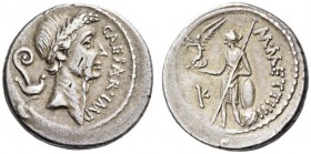 Julius Caesar, late March 44 BC. Denarius (Silver, 18mm, 3.90 g 12), with M. Mettius, Rome. CAESAR IMP Wreathed head of Julius Caesar to right; to lef...