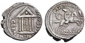 Mark Antony, April-May 44 BC. Denarius (Silver, 18mm, 3.92 g 9), with P. Sepullius Macer, Rome. CLEMENTIAE CAESARIS Tetrastyle temple with closed door...