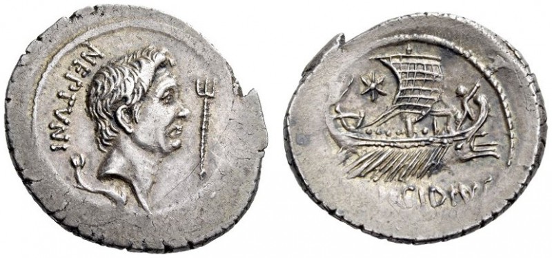 Sextus Pompey, 44-43 BC. Denarius (Silver, 20mm, 3.85 g 11), mint moving with Se...