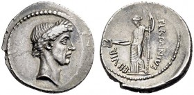 L. Flaminius Chilo and Julius Caesar, 43 BC. Denarius (Silver, 19mm, 3.60 g 8), Rome. Laureate head of Julius Caesar to right. Rev. L.FLAMINIVS IIII.V...