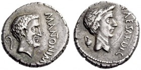 Mark Antony and Julius Caesar, 43 BC. Denarius (Silver, 16mm, 4.08 g 10), mint traveling with Antony in Gallia Transalpina and Cisalpina. M.ANTON.IMP ...