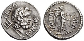 Brutus and Casca Langus, 43-42 BC. Denarius (Silver, 17mm, 3.92 g 12), mint moving with Brutus. CASCA LONGVS Wreathed head of Neptune to right; behind...