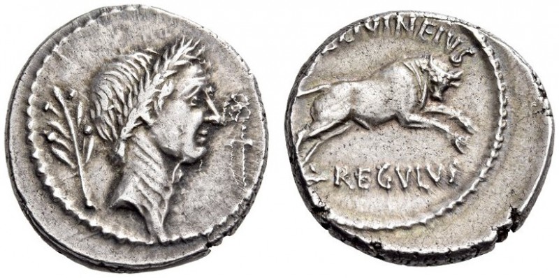 L. Livineius Regulus and Julius Caesar, 42 BC. Denarius (Silver, 17mm, 4.25 g 3)...