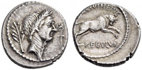 L. Livineius Regulus and Julius Caesar, 42 BC. Denarius (Silver, 17mm, 4.25 g 3), Rome. Laureate head of Caesar to right; behind, laurel branch; befor...