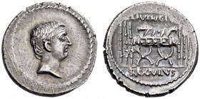 L. Livineius Regulus, 42 BC. Denarius (Silver, 19mm, 3.87 g 4), Rome. Bare head of Livineius Regulus to right. Rev. L.LIVINEIVS / REGVLVS Curule chair...
