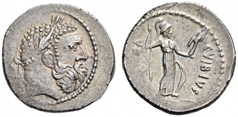 C. Vibius Varus, 42 BC. Denarius (Silver, 19mm, 4.12 g 8), Rome. Laureate head o...