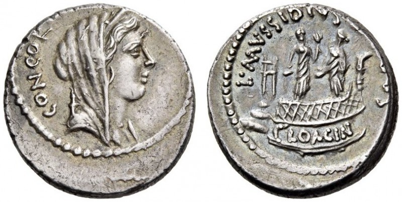 L. Mussidius Longus, 42 BC. Denarius (Silver, 19mm, 3.98 g 1), Rome. CONCORDIA D...