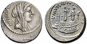 L. Mussidius Longus, 42 BC. Denarius (Silver, 19mm, 3.98 g 1), Rome. CONCORDIA Diademed and veiled head of Concordia to right. Rev. L • MVSSIDIVS • LO...
