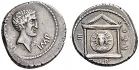 Mark Antony, 42 BC. Denarius (Silver, 16mm, 4.07 g 2), military mint traveling in Greece. M ANTONI IMP Bare head of Mark Antony to right, with a heavy...