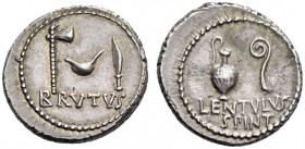 Brutus with P. Cornelius Lentulus Spinther, early 42 BC. Denarius (Silver, 12mm, 3.91 g), military mint, probably at Smyrna. BRVTVS Axe, simpulum and ...