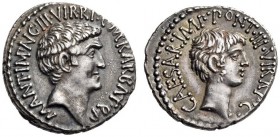 Mark Antony and Octavian, 41 BC. Denarius (Silver, 17mm, 3.67 g 11), mint moving with Antony, under the moneyer M. Barbatius. M.ANT.IMP.AVG.III.VIR. R...