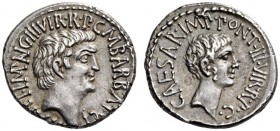 Mark Antony and Octavian, 41 BC. Denarius (Silver, 18mm, 3.97 g 11), mint moving with Antony, under the moneyer M. Barbatius. M.ANT.IMP.AVG.III.VIR. R...