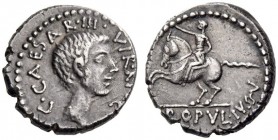 Octavian, 41 BC. Denarius (Silver, 16mm, 3.95 g 9), mint moving with Octavian. C.CAESAR.III.VIR.R.P.C Bare head of Octavian to right. Rev. POPVL.ISSV ...
