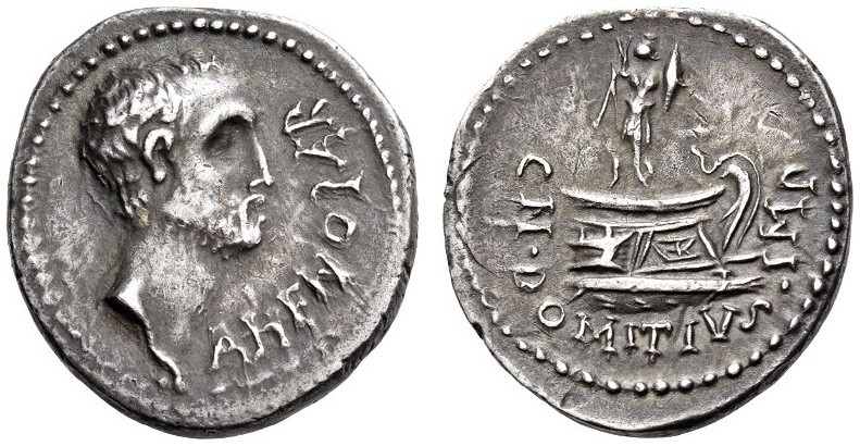 Cn. Domitius L.f. Ahenobarbus, 41 BC. Denarius (Silver, 19mm, 3.81 g 12), uncert...