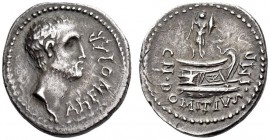 Cn. Domitius L.f. Ahenobarbus, 41 BC. Denarius (Silver, 19mm, 3.81 g 12), uncertain mint moving with Ahenobarbus. AHENOBAR Slighlty bearded male head ...