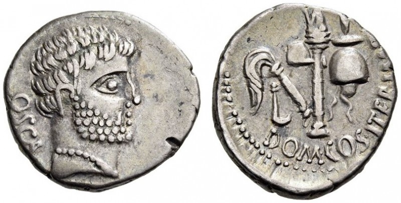 Cn. Domitius Calvinus, 39 BC. Denarius (Silver, 17mm, 4.02 g 3), Osca. OSCA Head...