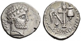 Cn. Domitius Calvinus, 39 BC. Denarius (Silver, 17mm, 4.02 g 3), Osca. OSCA Head of Hercules to right. Rev. DOM.COS.ITER.IMP Simpulum, aspergillum, ax...