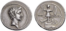 Octavian, 29-27 BC. Denarius (Silver, 21mm, 3.90 g 3), Brundisium or Rome. Bare head of Octavian to right. Rev. IMP - CAESAR Military and Naval trophy...