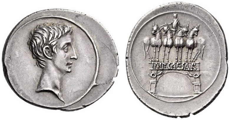 Octavian, 29-27 BC. Denarius (Silver, 21mm, 3.82 g 3), Brundisium or Rome. Bare ...