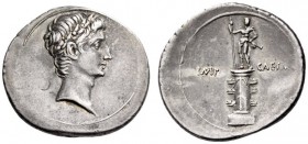 Octavian, 37 BC. Denarius (Silver, 21mm, 3.65 g 1), Brundisium or Rome. Laureate head of Octavian to right. Rev. IMP - CAESAR Rostral column, ornament...