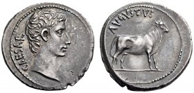 Augustus, 27 BC-AD 14. Denarius (Silver, 20mm, 3.84 g 12), Samos, c. 21-20 BC. CAESAR Bare head of Augustus to right. Rev. AVGVSTVS Bull standing righ...