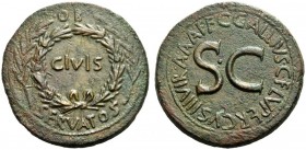 Augustus, 27 BC-AD 14. Sestertius (Orichalcum, 37mm, 25.56 g 5), Rome, under the moneyer C. Gallius Lupercus, 16 BC. OB / CIVIS / SERVATOS in three li...