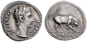 Augustus, 27 BC-AD 14. Denarius (Silver, 19mm, 3.77 g 6), Lugdunum, 15 BC. AVGVSTVS DIVI F Bare head of Augustus to right. Rev. IMP.X Bull with head l...