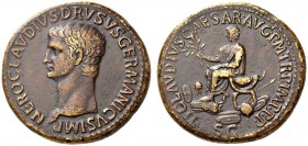 Nero Claudius Drusus, died 9 BC. Sestertius (Orichalcum, 35mm, 29.70 g 6), struck under Claudius, Rome, 42-43. NERO CLAVDIVS DRVSVS GERMANICVS IMP Bar...