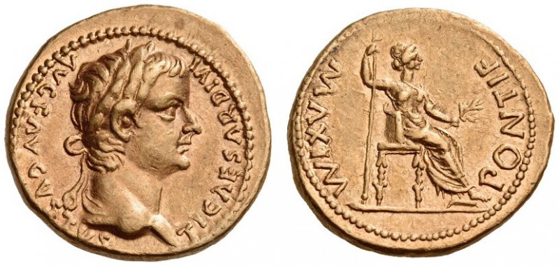 Tiberius, 14-37. Aureus (Gold, 19mm, 7.76 g 8), Lugdunum, late 20s - early 30s. ...
