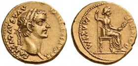 Tiberius, 14-37. Aureus (Gold, 18mm, 7.72 g 6), Lugdunum, 30s. TI CAESAR DIVI AVG F AVGVSTVS Laureate head of Tiberius to right. Rev. PONTIF MAXIM Fem...