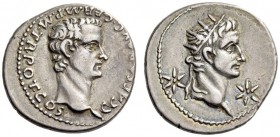 Gaius (Caligula), 37-41. Denarius (Silver, 19mm, 3.77 g 9), with Divus Augustus, Lugdunum, 37. C CAESAR AVG GERM P M TR POT COS Bare head of Gaius to ...